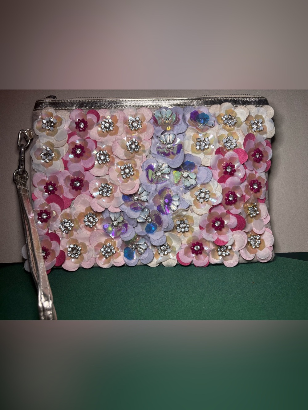 Charming Charlie Pink Multi Floral Applique Wristlet